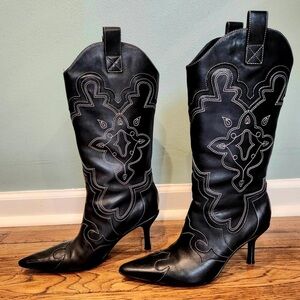 Women's Black Stitched Western-Inspired Knee-High Heeled Boots